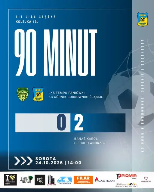 Górnik Bobrowniki wygrywa z LKS Tempo Paniówki w 13. kolejce III ligi śląskiej