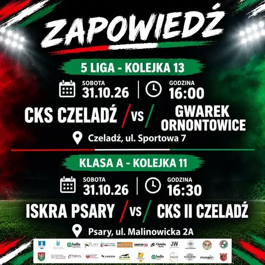 CKS Czeladź zagra z GKS Gwarek Ornontowice w 13. kolejce 5 ligi
